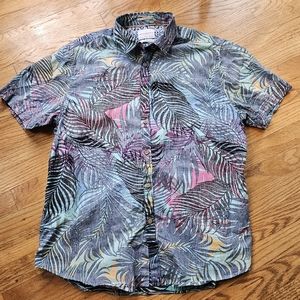 Men's Denim and Flower Short Sleeve Button Front Shirt Tropical Leaves